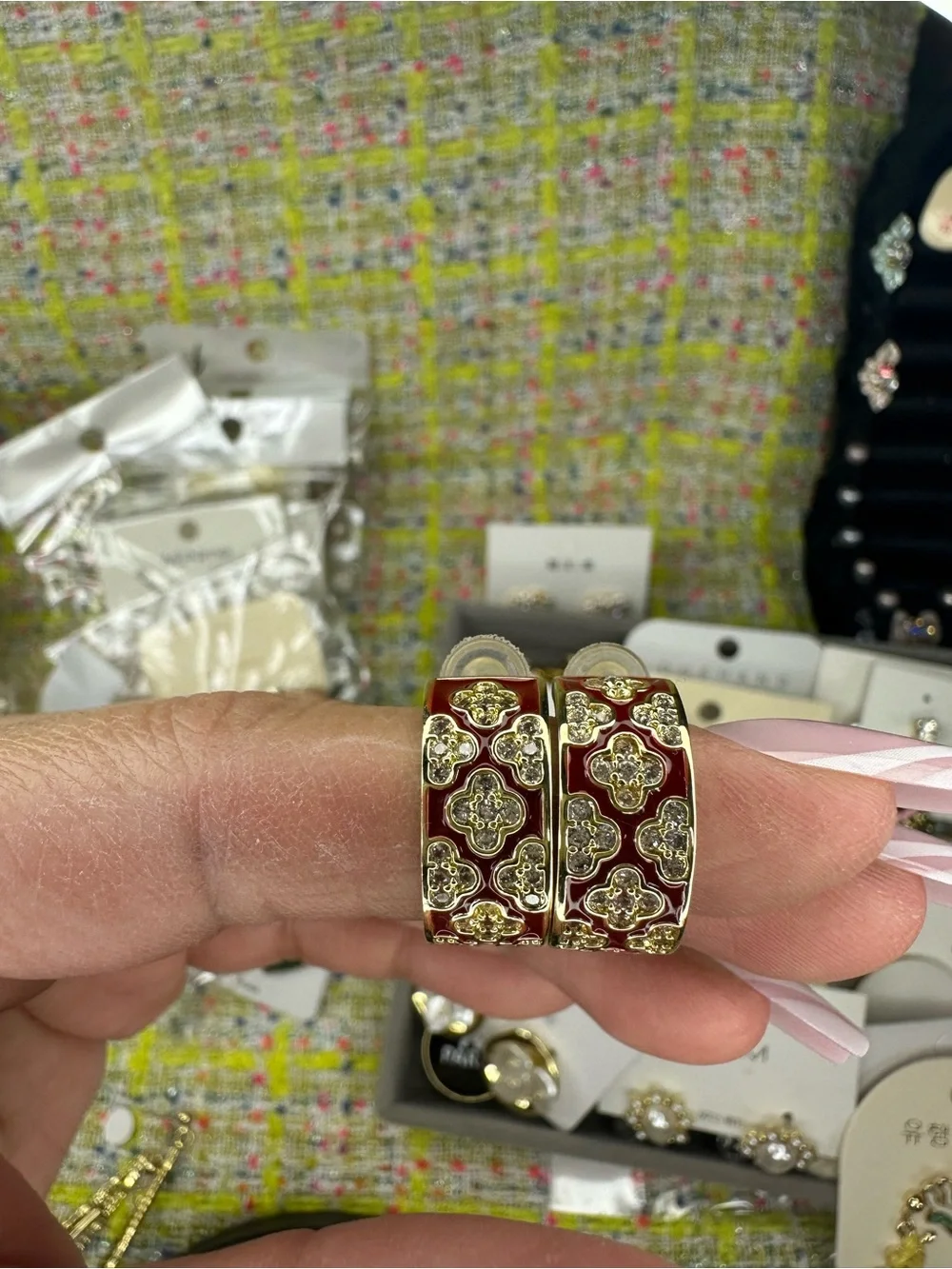 A great Gold-Tone Red Enamel Floral Hoop Earrings